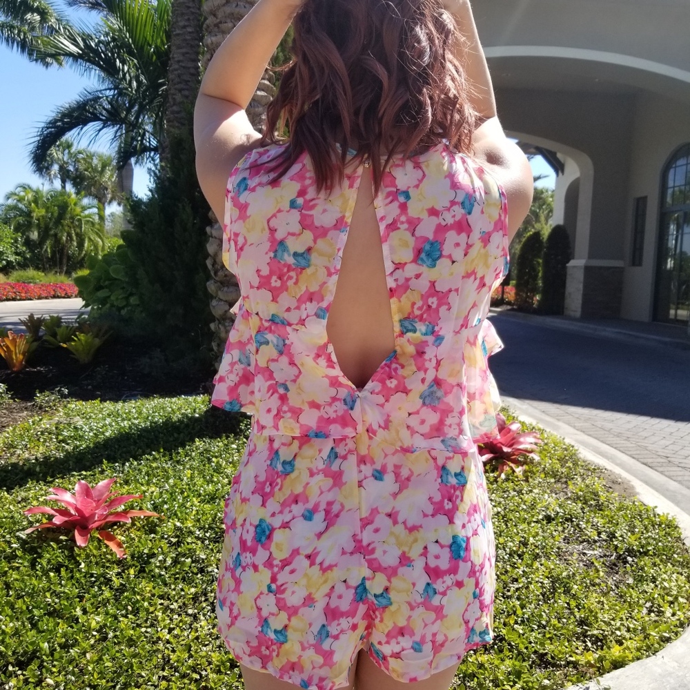 Pink Multi Color Ruffle Keyhole Back Romper - Picture 3 of 6